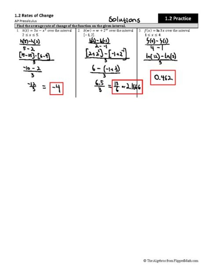 1.2 Rates of Change Practice Set 1 Answer Key PDF – Instant Download