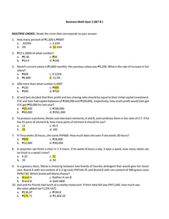 Free 1-3 Business Math Worksheets PDF Answer Key