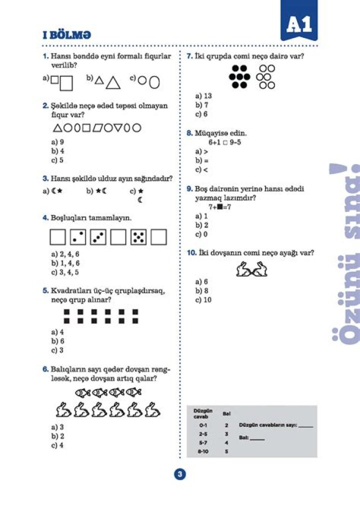 1 Ci Sinif Test Suallari PDF – Üniform Testleri & Çıktı