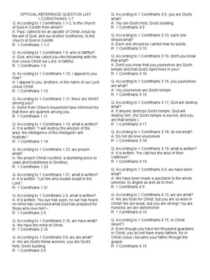 1 Corinthians Bible Quiz Questions in Malayalam PDF Download