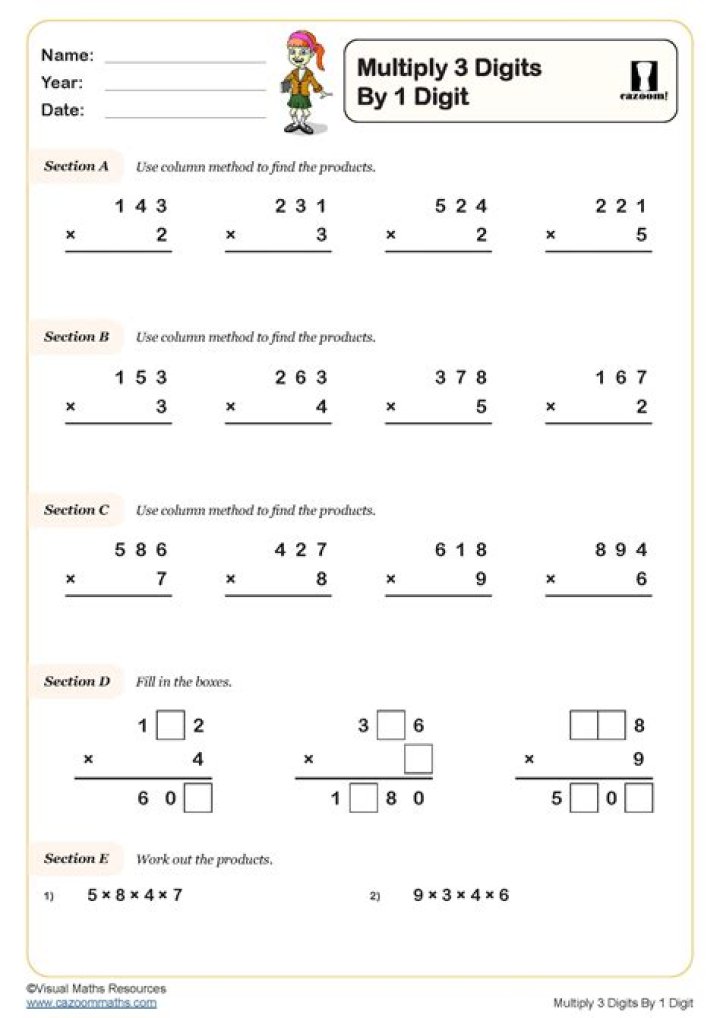 Free 1-Digit by 3-Digit Multiplication Worksheets PDF for Instant Download