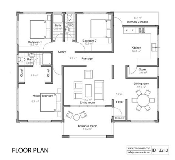 1-Floor 3-Bedroom House Plans PDF Download
