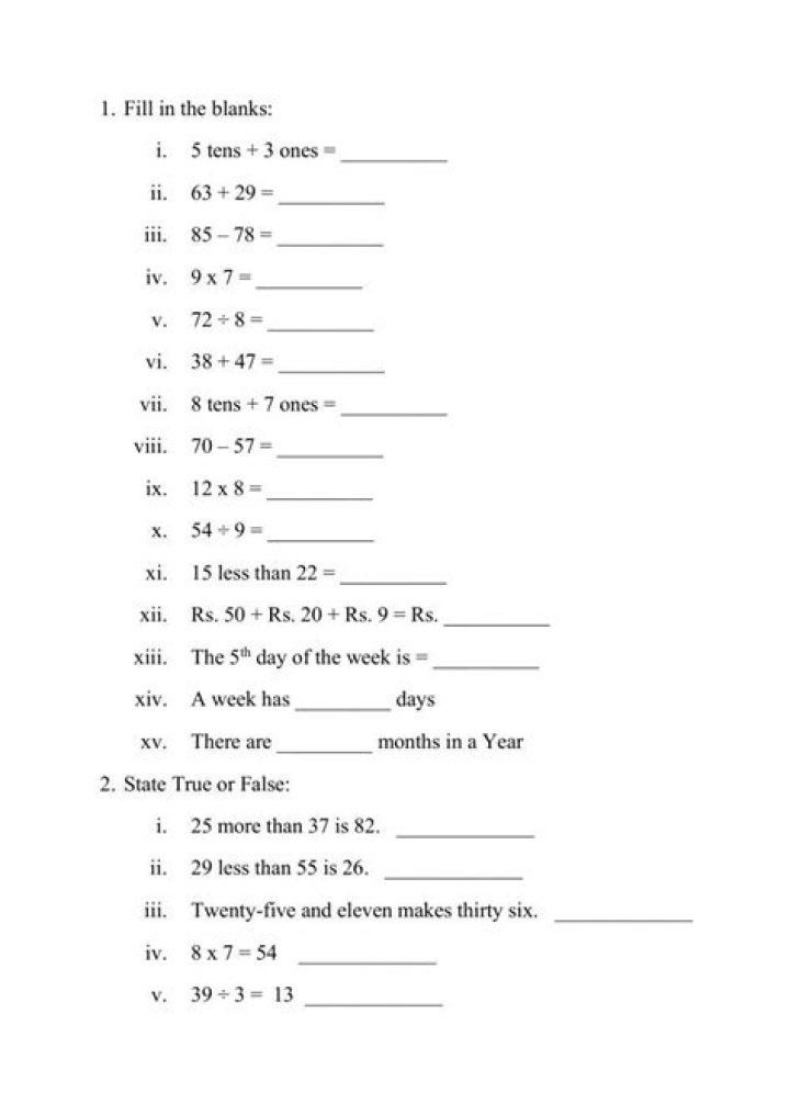 Free 1 Standard Maths Worksheet PDF Download