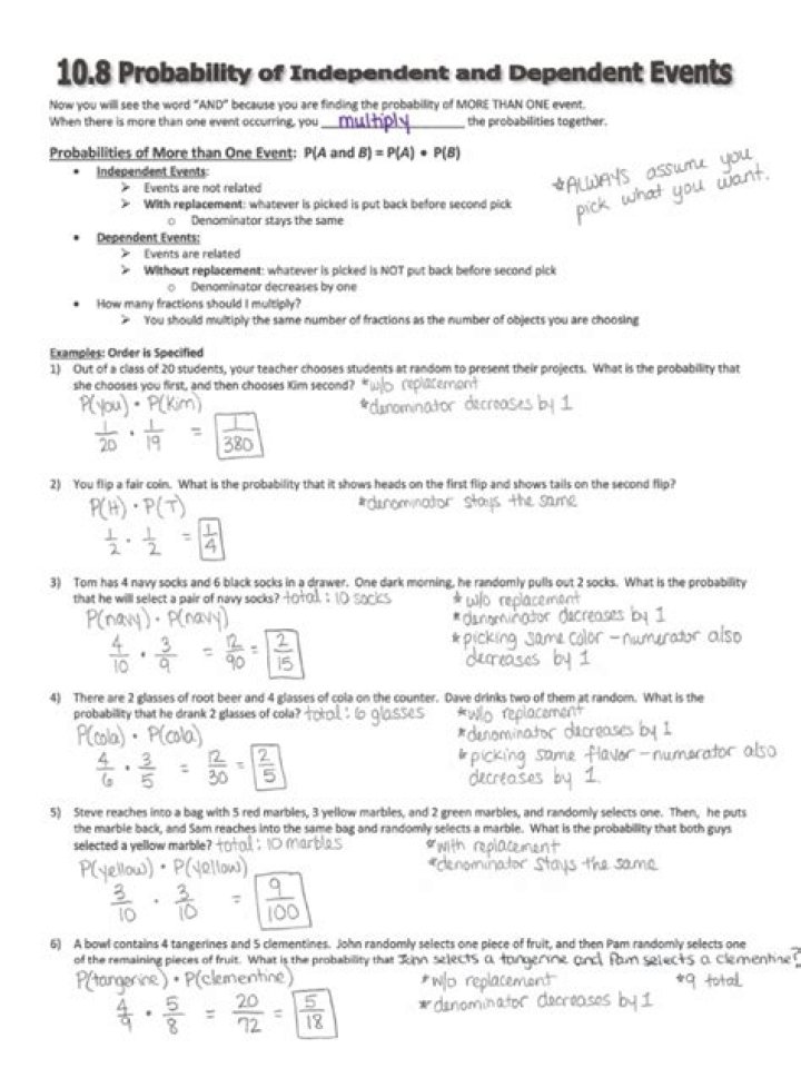 10.8 Probability Worksheet: Independent & Dependent Events Worksheet PDF
