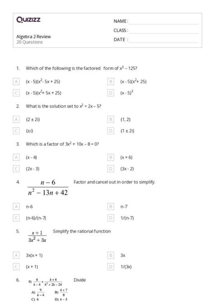 10 Algebra Questions & Answers PDF for Grade 12 Students