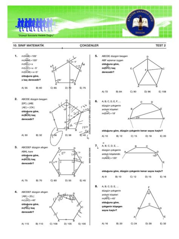 10.sÄ±nÄ±f Dörtgenler ve Çokgenler Test PDF – Download Now