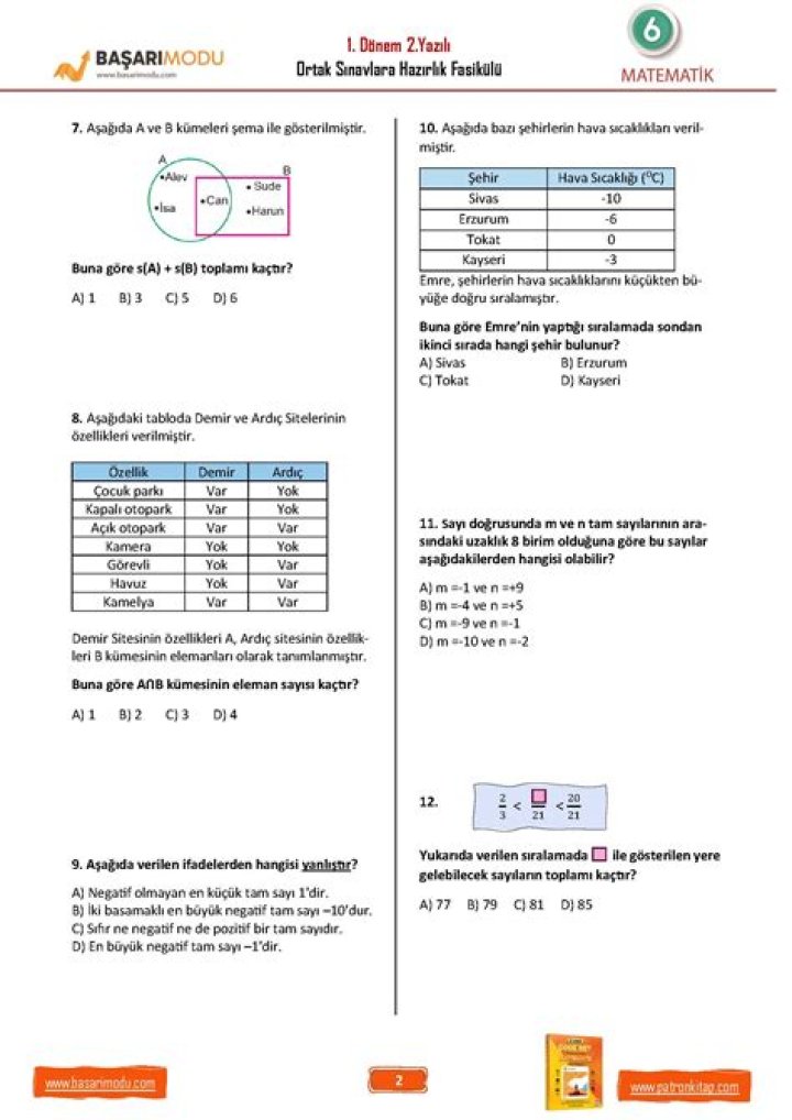 10. Sün Af Matematik 1. Unite Test PDF Download