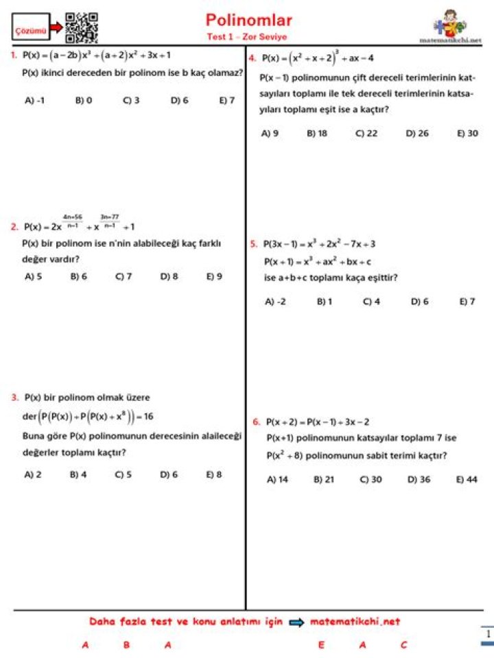 10 Sınıf Polinomlar Test PDF – Sınıf Testleri Ve Çözü