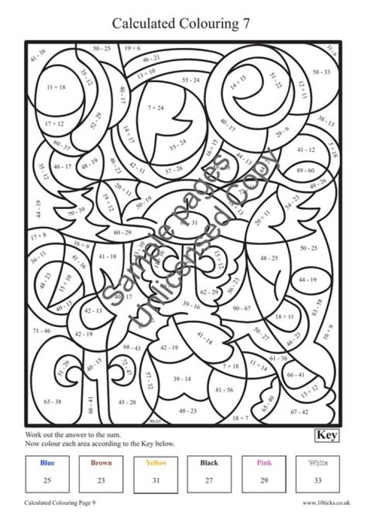 10 Ticks Calculated Colouring Worksheets PDF – Printable Math Coloring Fun