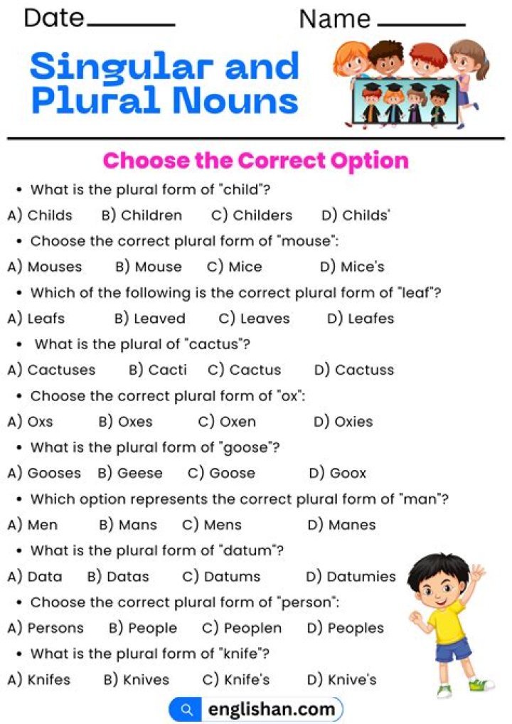 100 Examples of Singular and Plural PDFs with Answers