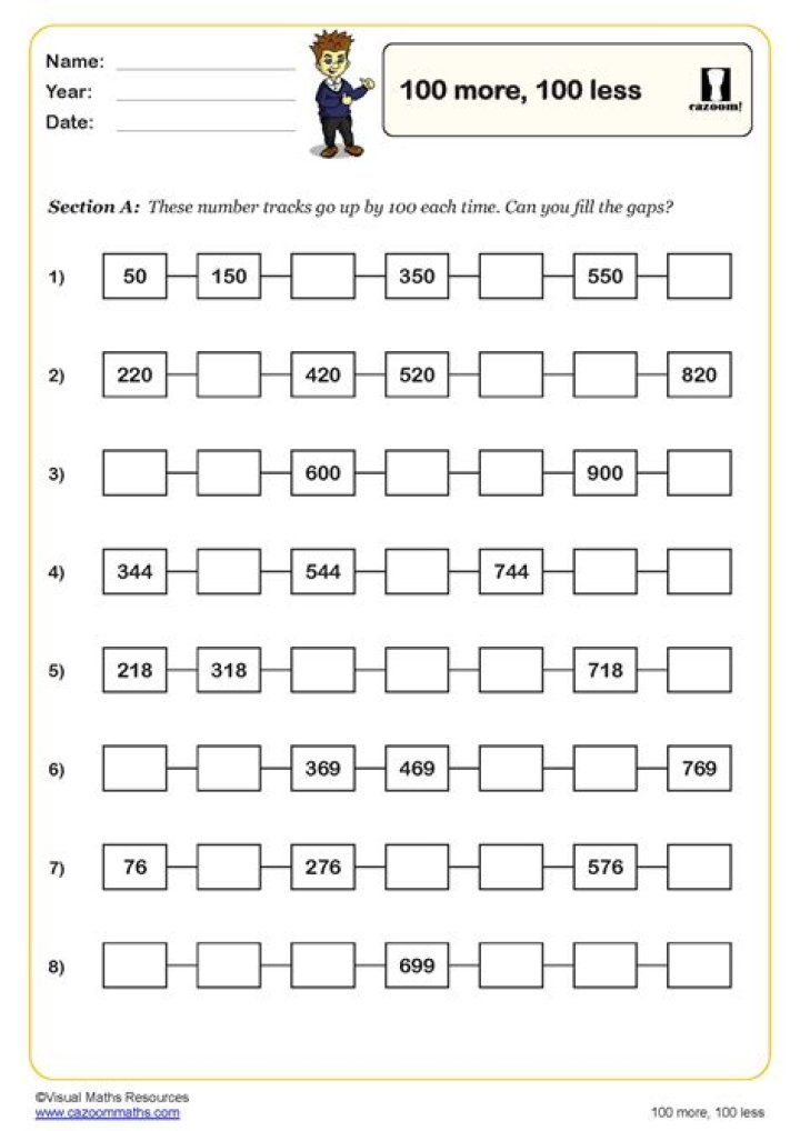 100 More, 100 Less Worksheets for 2nd Grade PDF