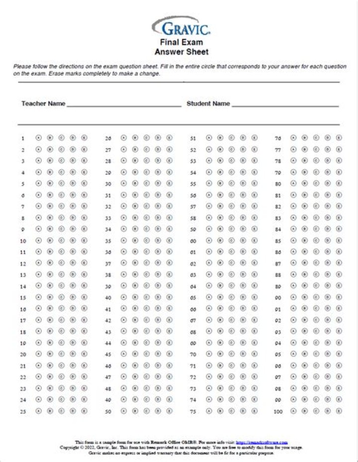 Free 100 Question Multiple Choice Answer Sheet PDF Download