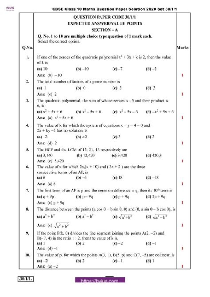 10th CBSE Maths One Mark Questions PDF – Instant Download