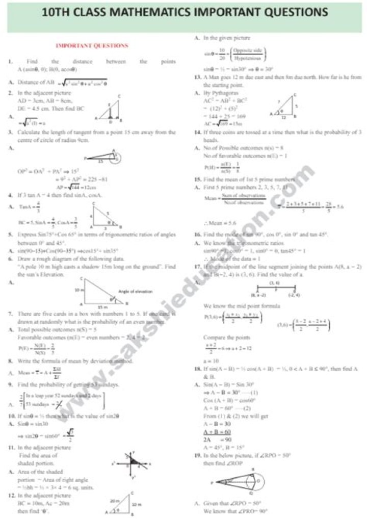10th Class Important Questions All Subjects 2018 PDF Download