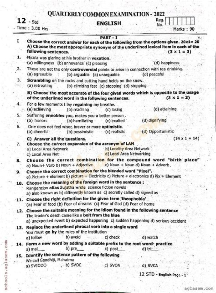 10th English Quarterly Question Paper 2022 PDF Download
