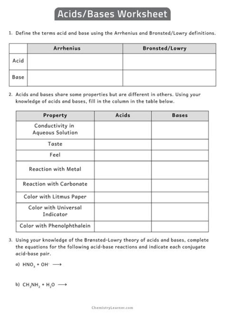 10th Grade Acids and Bases Worksheet Answers PDF with Full Solutions