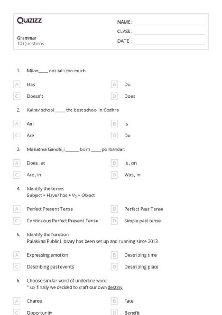 10th Grade Grammar Test Questions & Answers PDF with Answers