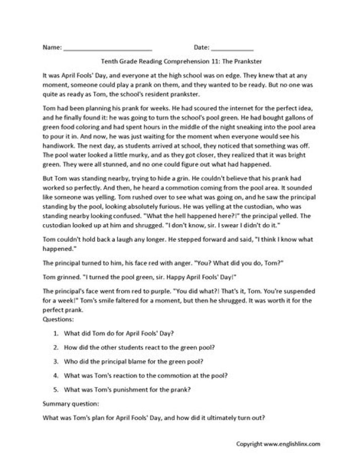 10th Grade Reading Comprehension Test PDF – Download Now