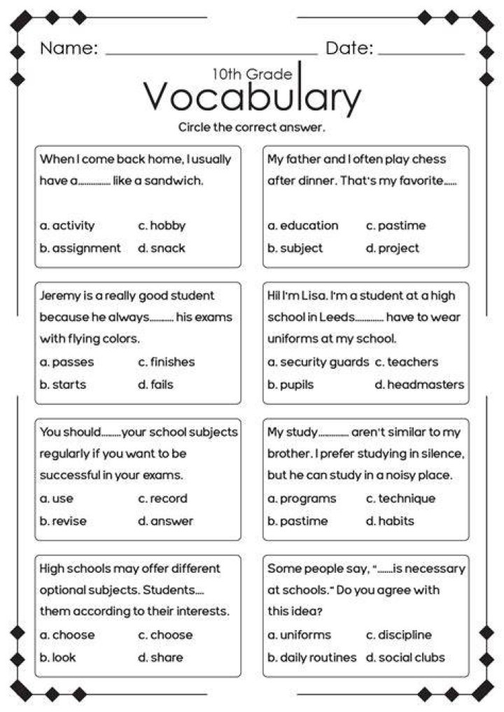 10th Grade Vocabulary Worksheets PDF – Instant Download