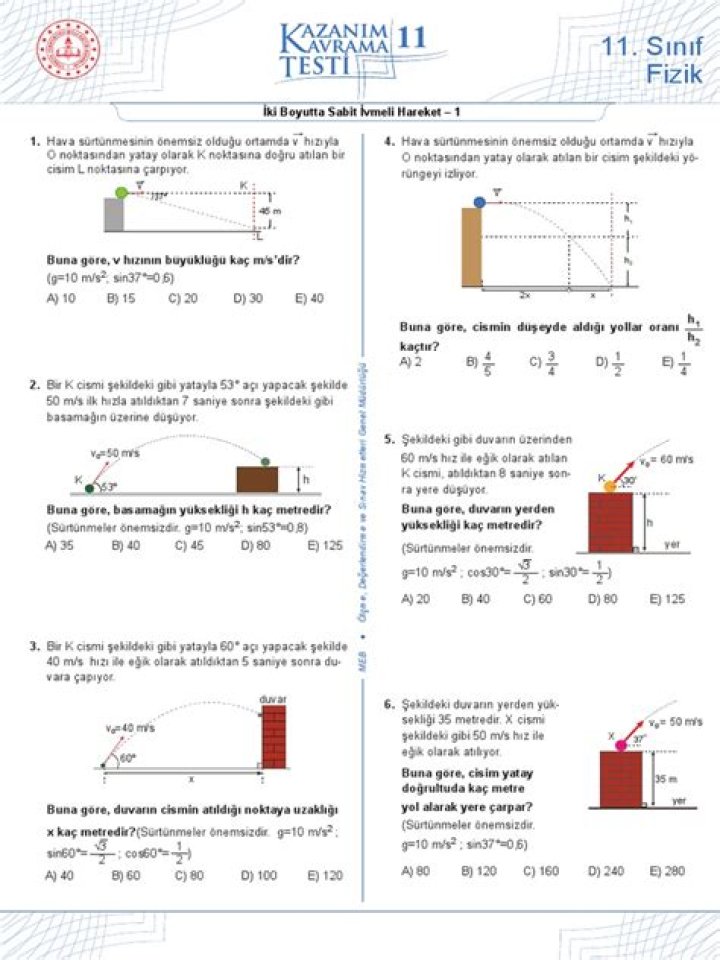 11. Sünif Fizik Başlı Hareket Test PDF Download