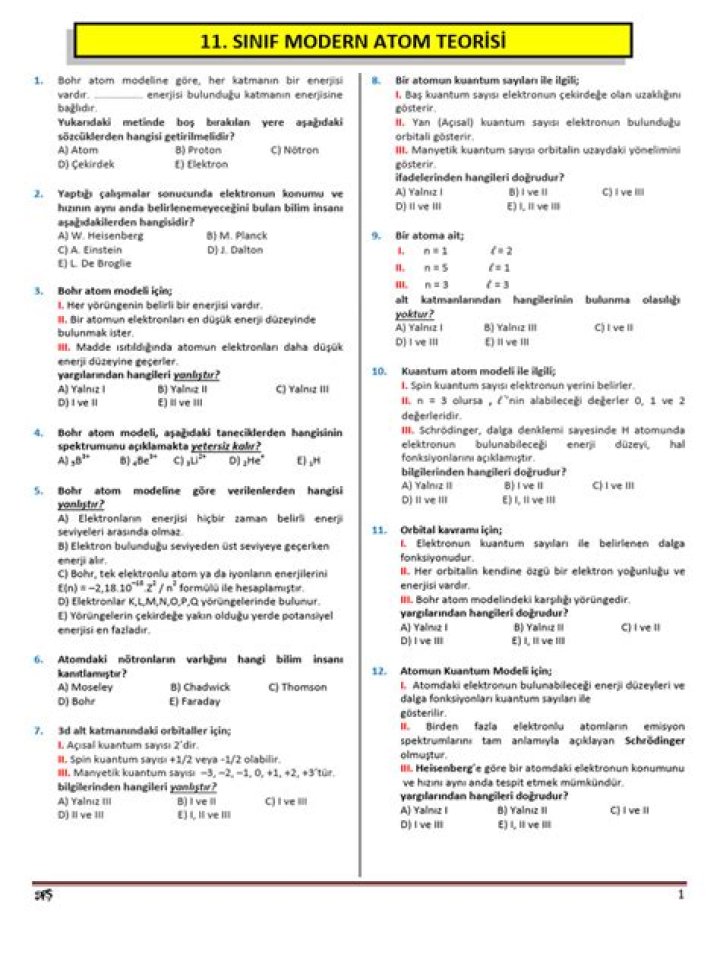 11 SÄ±nıf Kimya Modern Atom Teorisi Test PDF İnceleme