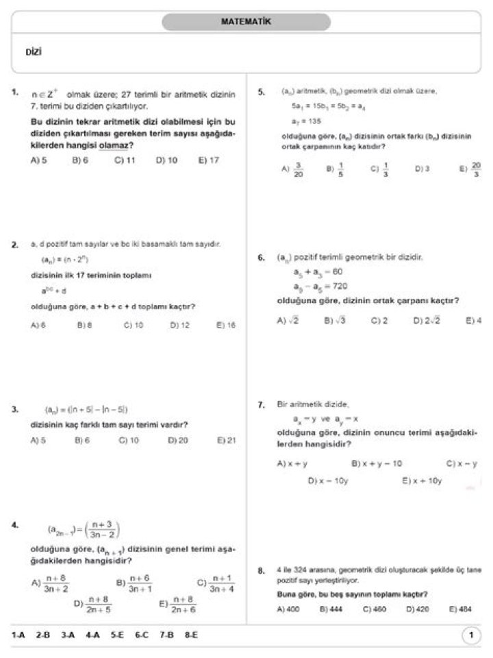 11. Sınıf Matematik Diziler Test PDF – Çıkış Ví Decki