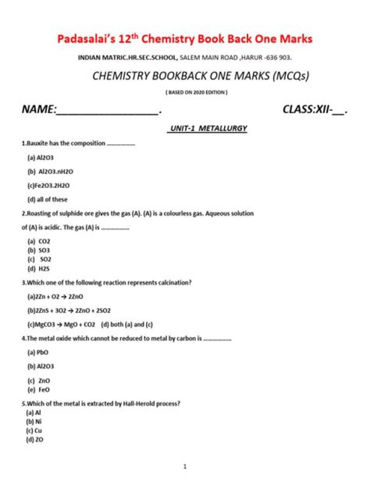 11th Chemistry Book Back One Mark Questions with Answers PDF