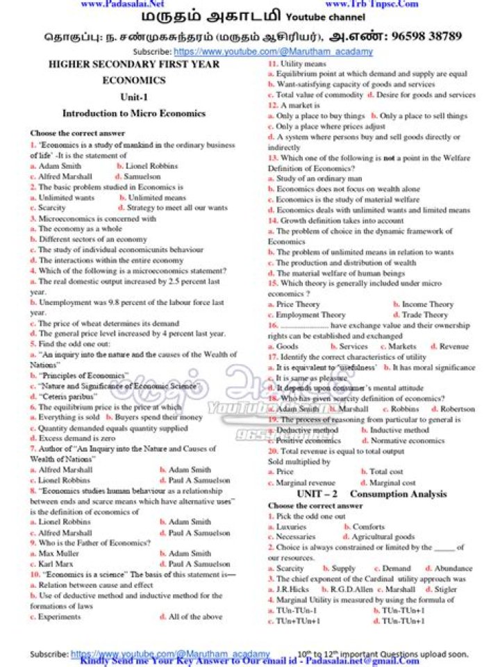 11th Economics One Mark Questions PDF for Quick Revision