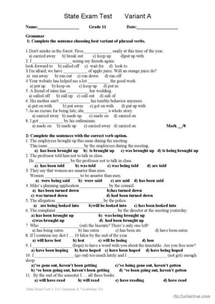 11th Grade Grammar Worksheets PDF for Free Download