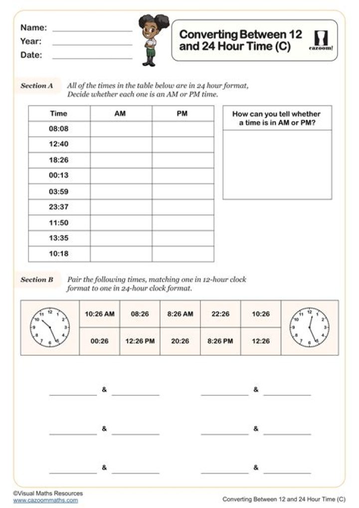 12-Hour & 24-Hour Time Worksheet PDF for Time Management