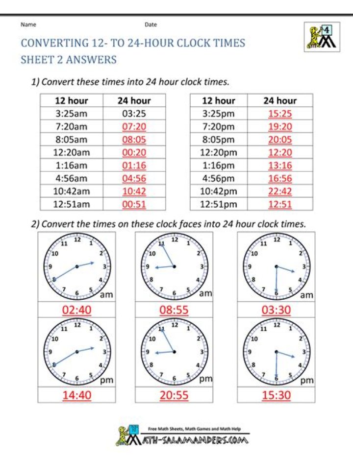 Download Free 12-Hour and 24-Hour Clock Worksheets PDF