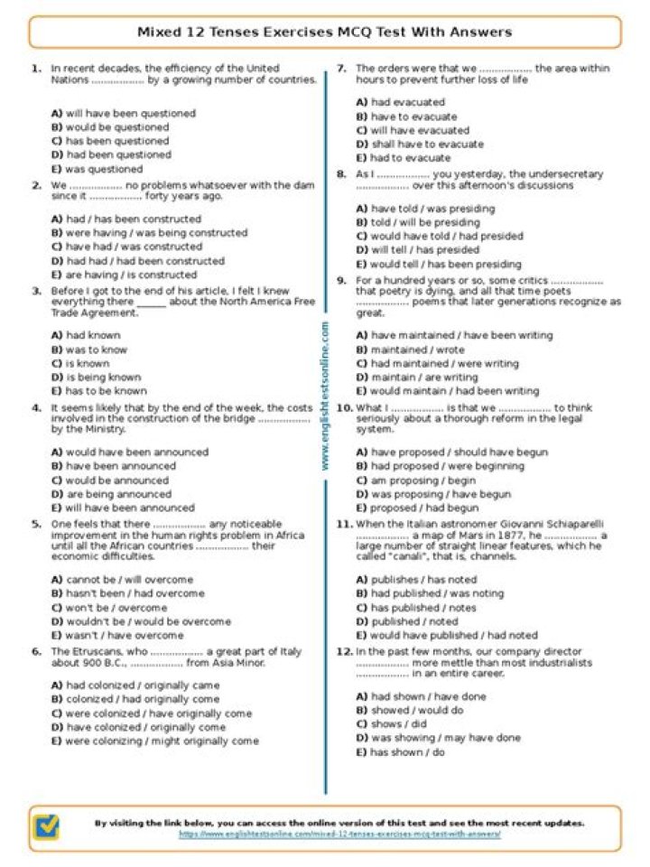 12 Tenses Exercises with Answers PDF – Perfect for Grammar Practice