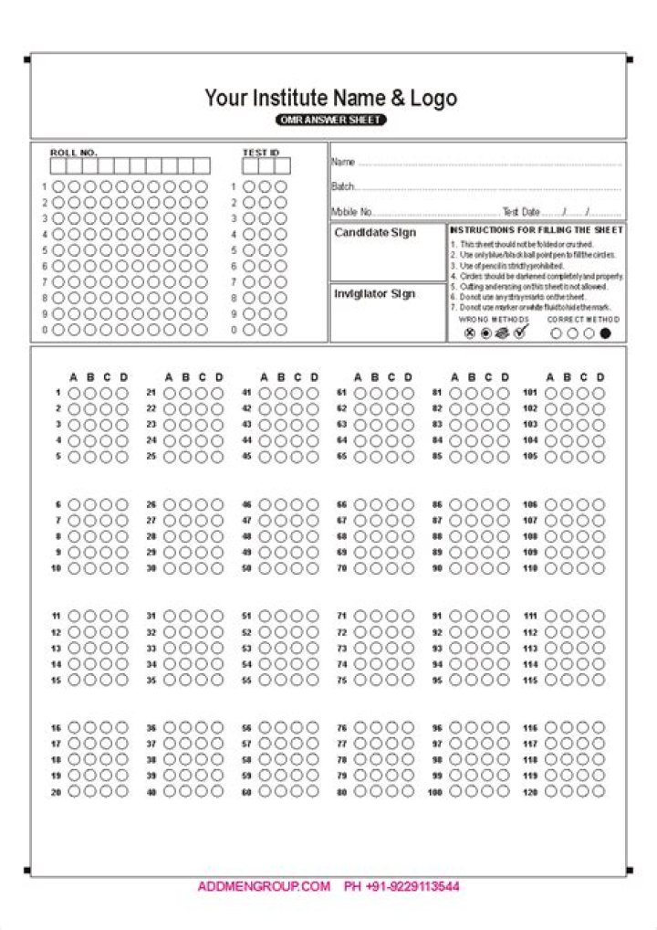 Download 120 Questions OMR Sheet PDF for Quick Testing