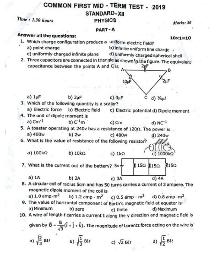12th 1st Midterm Question Paper 2019 PDF – Download Now