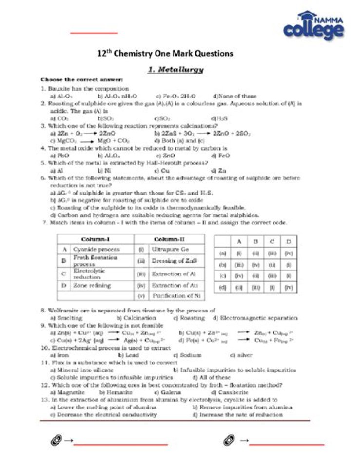 12th Chemistry One Mark Questions with Answers – English Medium PDF for Quick Revision