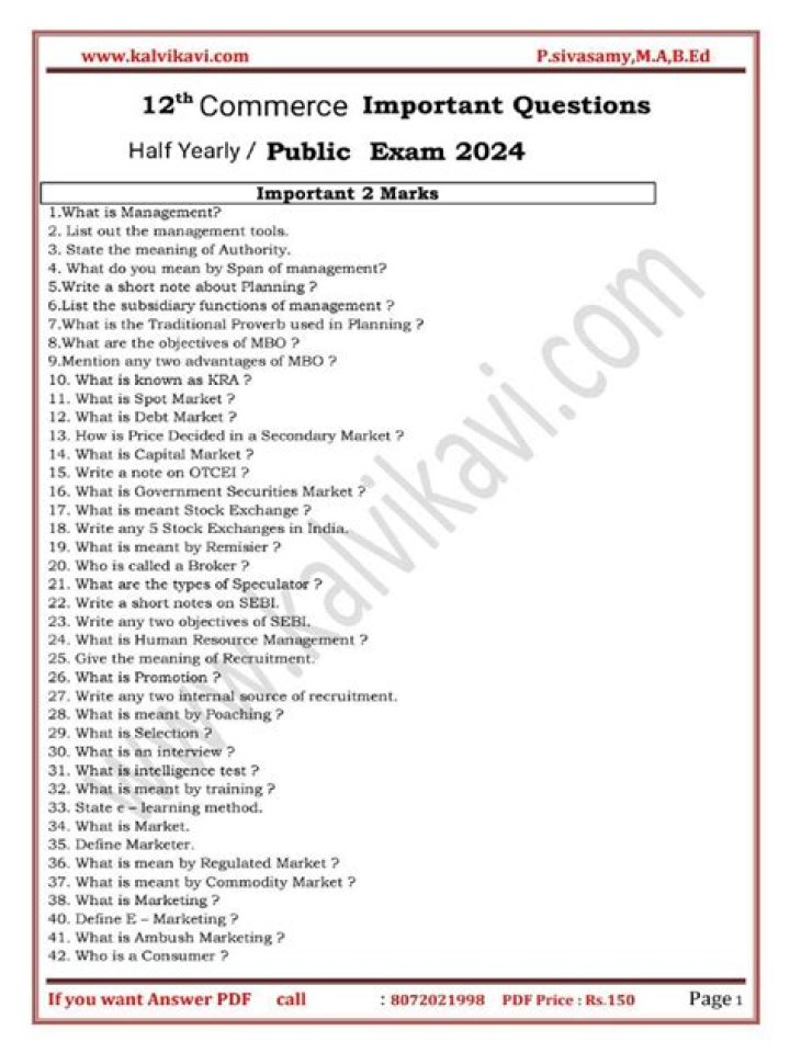 12th Commerce Important Questions 2019 PDF: Key Topics & Exam Tips