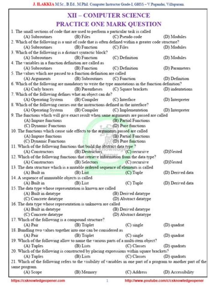 12th Computer Science One Mark Questions & Answers PDF – Instant Download