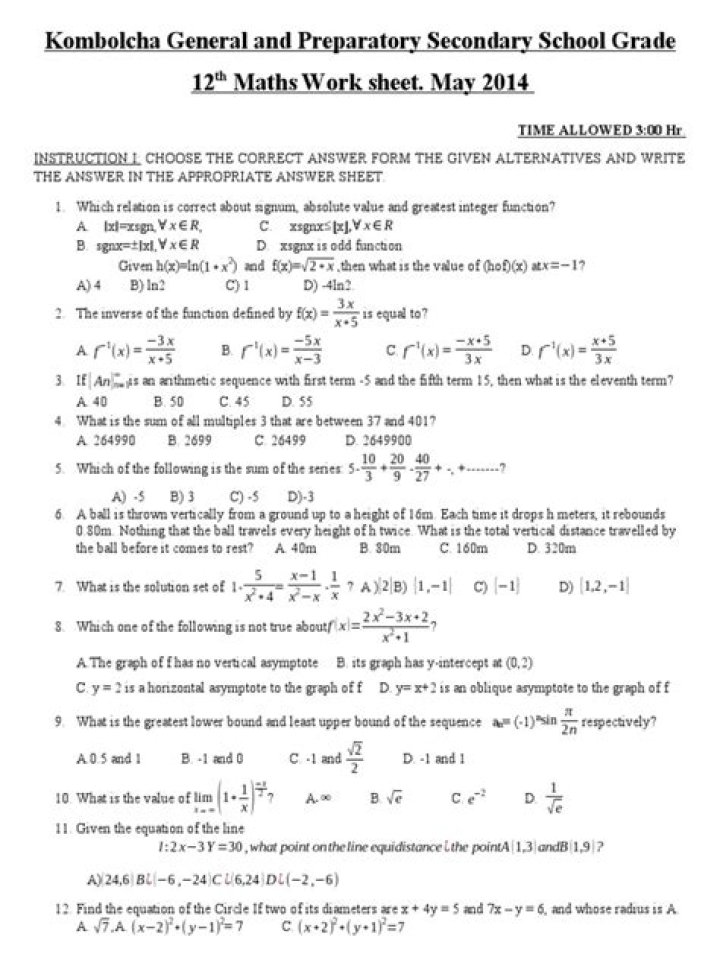 Download Free 12th Grade Math Test PDF for Practice