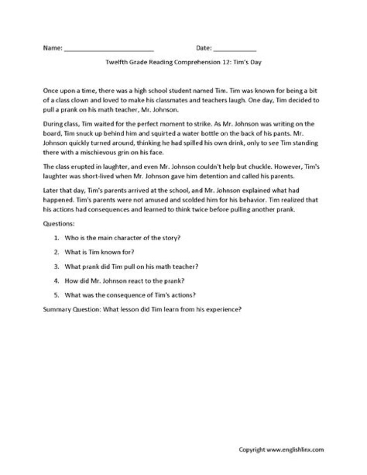12th Grade Reading Comprehension Test PDF for Practice