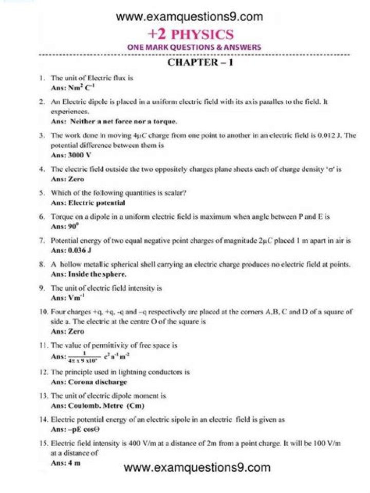 12th Physics One Mark Questions with Answers PDF for Quick Revision