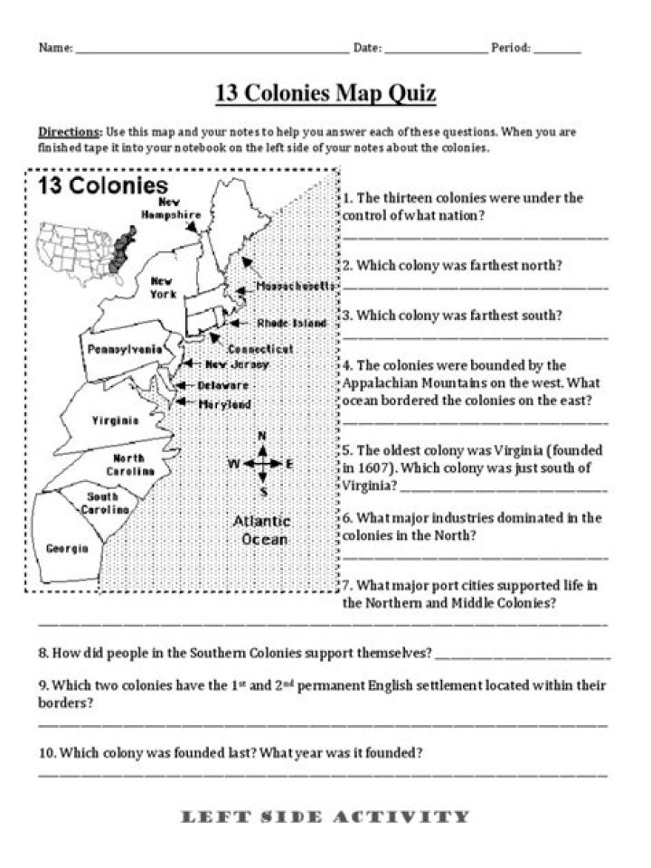 13 Original Colonies Worksheet PDF for Student Learning