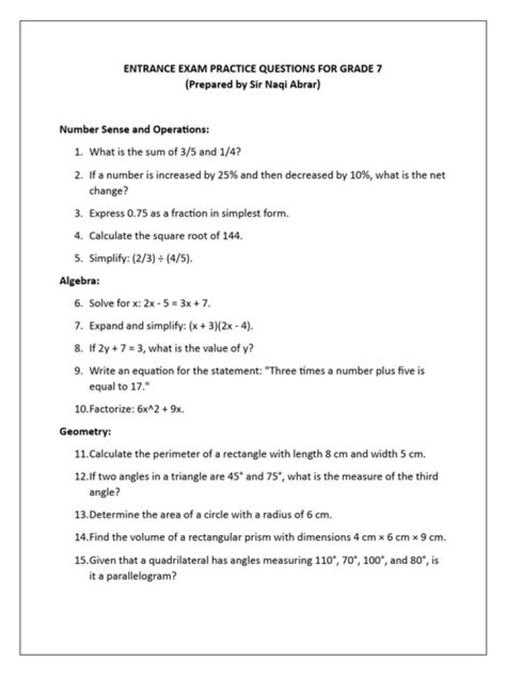 Free 16+ Math Entrance Exam Questions PDF for Preparation