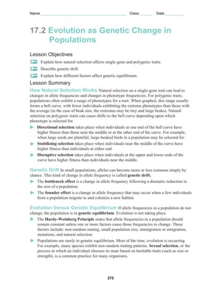 17.2 Evolution: Genetic Change in Populations Explained with Answer Key