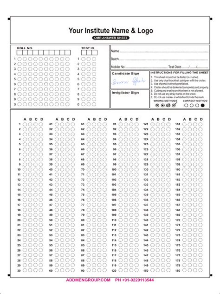 180 Questions OMR Sheet PDF – Download Complete Exam Answer Sheet
