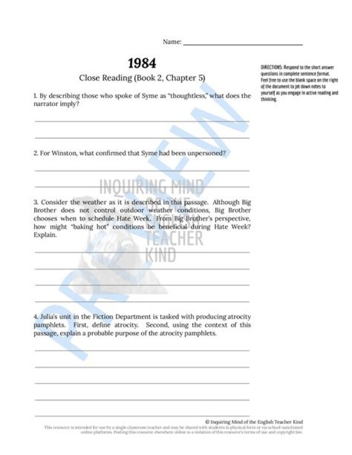 1984 Worksheets PDF Book One: Essential Study Guide & Activities
