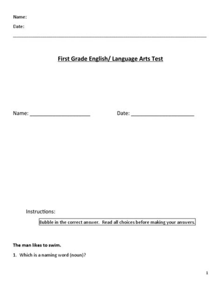 1st Grade ELA Test PDF for Download – Free Practice Worksheet