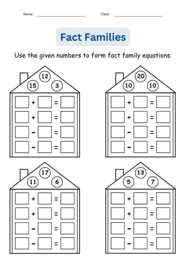 1st Grade Math Worksheets PDF: Fact Families Practice for Kids