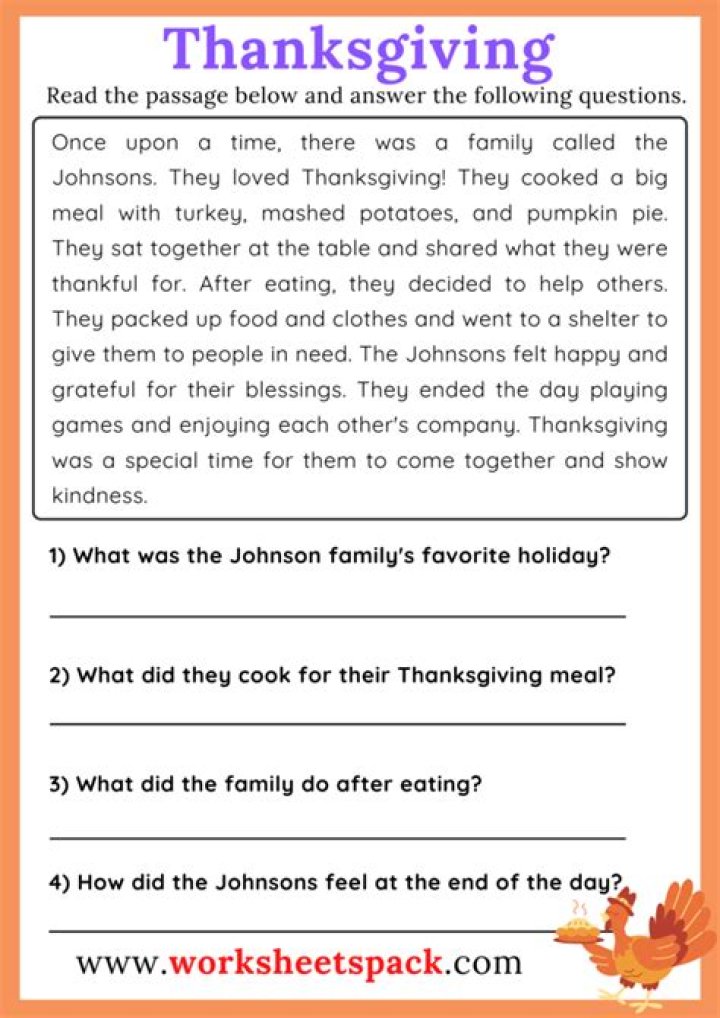 1st Grade Thanksgiving Reading Comprehension Worksheets PDF for Kids