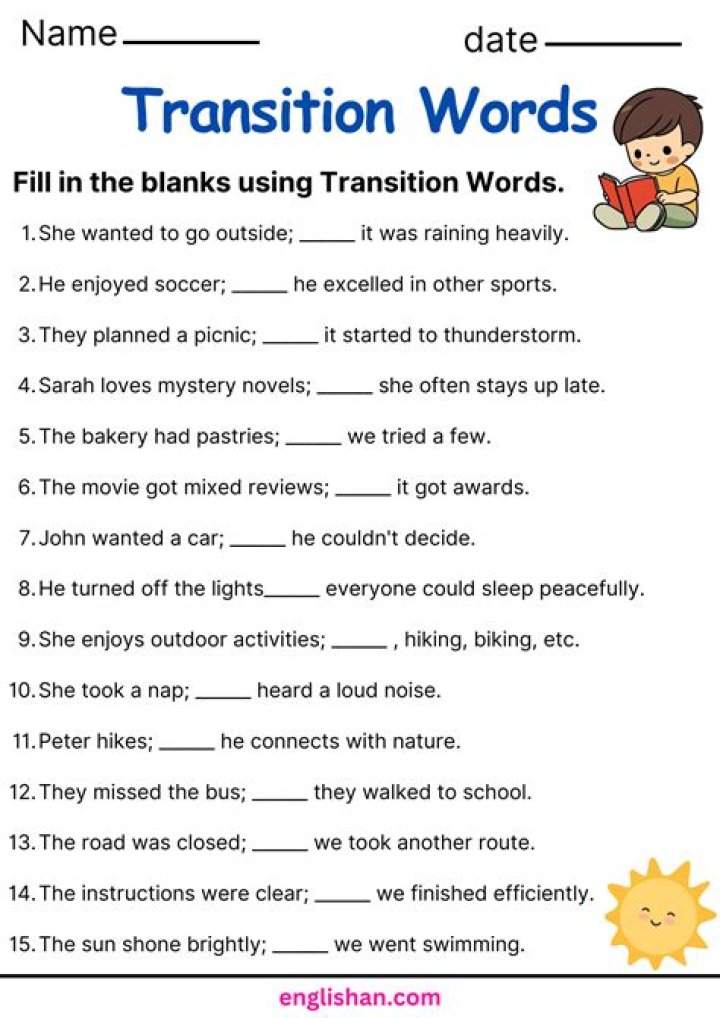 1st Grade Transition Words Worksheet PDF – Smooth Classroom Shifts