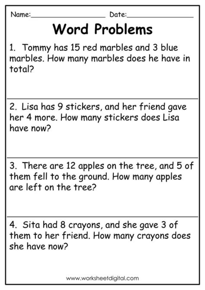 Free 1st Grade Word Problems Worksheets PDF for Home & Classroom